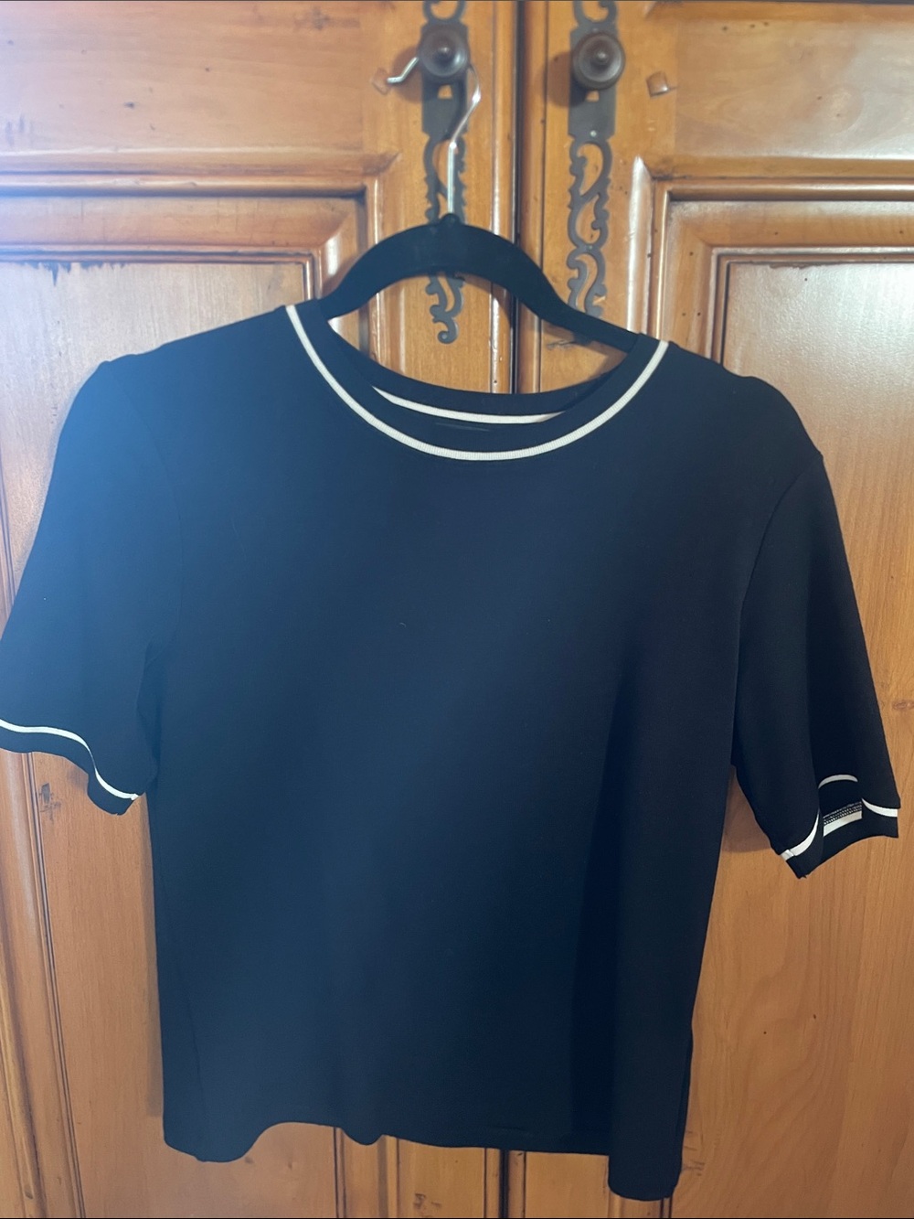 Massimo Dutti Black Short-Sleeve Knit Top with White Trim